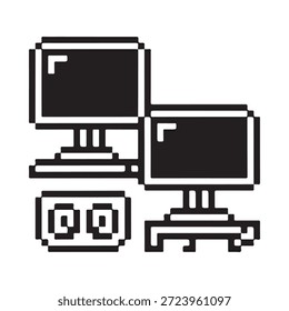 Ilustración pixelada de dos monitores de computadora y un teclado en blanco y negro