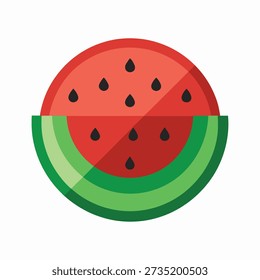 a pixelated illustration of a watermelon slice, with a green rind and a red interior with black seeds, on a white background