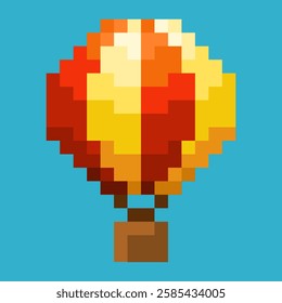 A pixelated image of a balloon. The balloon is floating in the air and is surrounded by a blue background. The image has a playful