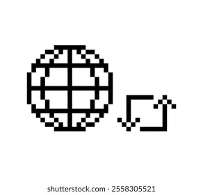 pixelated image of a black circle with a white cross inside and a small arrow pointing upwards and to the right. The design is minimalist with bold, black lines.