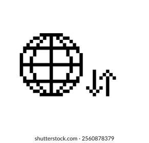 pixelated image of a black circle with a white cross inside and a small arrow pointing upwards to the right. The design is minimalist with bold, black lines. 