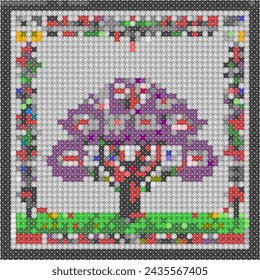 Pixelated image of a blossoming tree in a colorful border