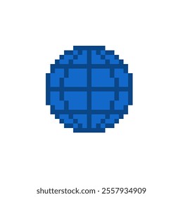 pixelated image of a blue sphere divided into four sections. The design is minimalist with bold, black lines. The pixel art style is reminiscent of early computer interfaces.