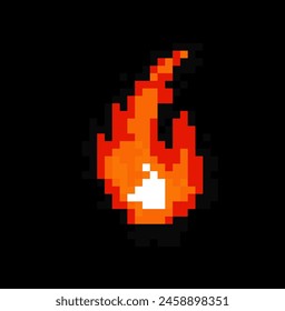 Pixelated image of burning flame on a dark background. Game element in 8-bit style.