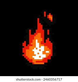 Pixelated image of burning flame on a dark background. Game element in 8-bit style.