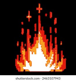 Verpixeltes Bild brennender Flammen auf dunklem Hintergrund. Spielelement im 8-Bit-Stil.