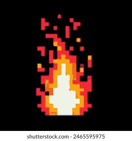 Image  de flammes brûlantes au pixel près sur fond noir. Élément de jeu dans un style 8 bits.