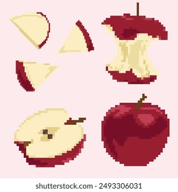 Una Imagen pixelada que representa las diferentes etapas de una manzana: entero, mitad, rodajas y núcleo. Ideal para impresiones, iconos y fondos