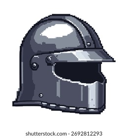 Una Imagen pixelada representa un casco gris con una visera y un protector de cuello.