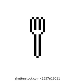 pixelated image of a fork. The design is minimalist with bold, black lines. The pixel art style is reminiscent of early computer interfaces. represent concepts like eating, dining, food, or other
