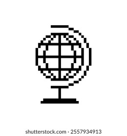 pixelated image of a globe on a stand. The design is minimalist with bold, black lines. The pixel art style is reminiscent of early computer interfaces.