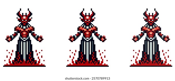 A pixelated image of Lucifer with a menacing appearance, in black and red armor, with fire around his legs, on a white background.