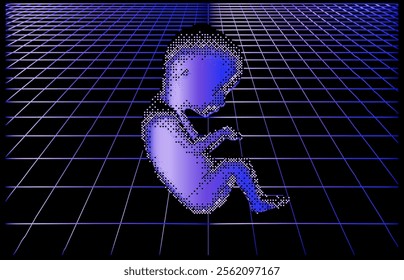 Pixelated image oh a human fetus on a laser grid background. A futuristic illustration on the intersection of man and technology.