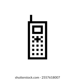 pixelated image of an old-fashioned mobile phone. The design is minimalist with bold, black lines. The pixel art style is reminiscent of early video game graphics. 