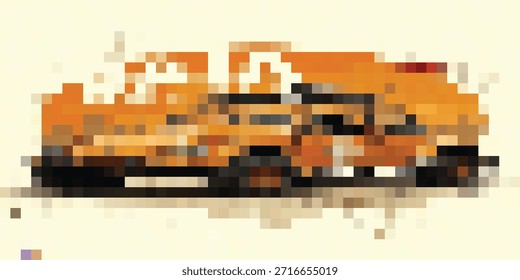Una Imagen pixelada de un vehículo de construcción naranja, posiblemente un camión o una máquina especializada, mostrada desde su lado.