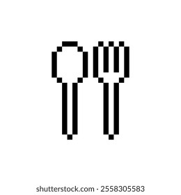 pixelated image of a spoon and a fork side by side. Both utensils are designed with bold, black lines. The minimalist style and blocky appearance are reminiscent of early video game graphics.