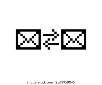 pixelated image of two envelopes with an arrow pointing from one to the other.represent concepts like sending, receiving, transferring, exchanging, or sharing messages, data, or files.