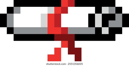 A pixelated image of a white object with red writing on it