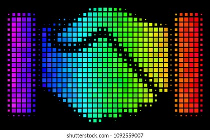 Pixelated impressive halftone acquisition handshake icon drawn with spectrum color variations with horizontal gradient on a black background.