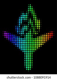 Pixelated impressive halftone air crash icon in rainbow color tinges with horizontal gradient on a black background.