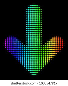 Pixelated impressive halftone arrow down icon drawn with rainbow color tinges with horizontal gradient on a black background.