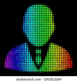 Pixelated impressive halftone boss icon using rainbow color tints with horizontal gradient on a black background. Colored vector collage of boss pictogram organized from rectangular points.