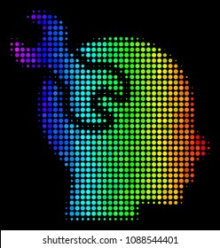 Pixelated impressive halftone brain service wrench icon in rainbow color tones with horizontal gradient on a black background.