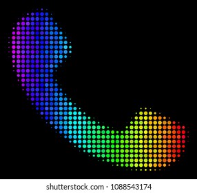 Pixelated impressive halftone call icon drawn with rainbow color tones with horizontal gradient on a black background. Colorful vector mosaic of call illustration organized with circle cells.