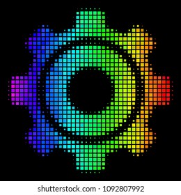 Pixelated impressive halftone cog icon drawn with spectral color tones with horizontal gradient on a black background. Colorful vector pattern of cog illustration organized of square array cells.