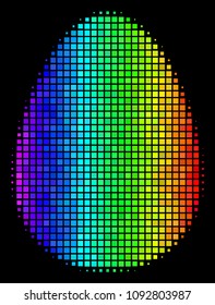 Pixelated impressive halftone egg icon in spectral color tones with horizontal gradient on a black background. Multicolored vector pattern of egg illustration created of rectangle dots.