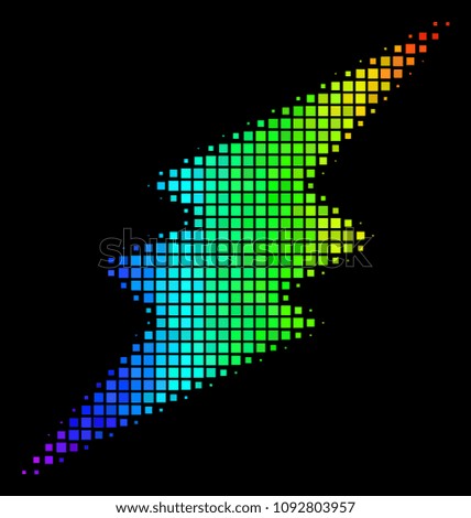 Pixelated impressive halftone electric spark icon using spectrum color shades with horizontal gradient on a black background.