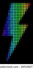 Pixelated impressive halftone electric strike icon in rainbow color tinges with horizontal gradient on a black background. Color vector composition of electric strike symbol organized of round items.