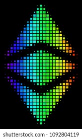 Pixelated impressive halftone Ethereum classic icon in rainbow color hues with horizontal gradient on a black background.