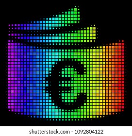 Pixelated impressive halftone Euro checkbook icon in rainbow color hues with horizontal gradient on a black background.