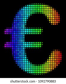 Pixelated impressive halftone Euro symbol icon using spectral color tones with horizontal gradient on a black background.