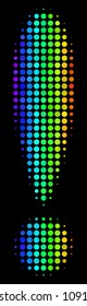 Pixelated impressive halftone exclamation sign icon drawn with rainbow color tones with horizontal gradient on a black background.