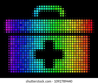 Pixelated impressive halftone first aid toolbox icon in rainbow color shades with horizontal gradient on a black background.