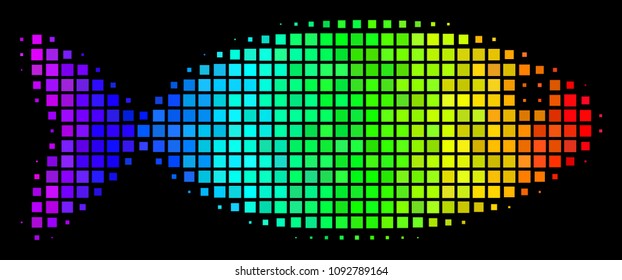 Pixelated impressive halftone fish icon drawn with rainbow color variations with horizontal gradient on a black background.