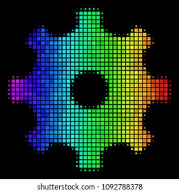 Pixelated impressive halftone gear icon drawn with spectral color tinges with horizontal gradient on a black background. Colorful vector mosaic of gear symbol done from square cells.