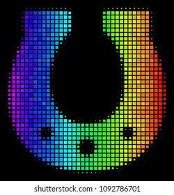 Pixelated impressive halftone horseshoe icon in spectrum color tones with horizontal gradient on a black background. Colorful vector mosaic of horseshoe illustration done with rectangle elements.