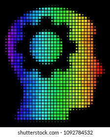 Pixelated impressive halftone intellect gear icon in spectral color shades with horizontal gradient on a black background.