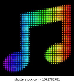 Pixelated impressive halftone music notes icon drawn with spectral color tones with horizontal gradient on a black background.