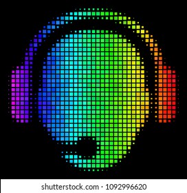 Pixelated impressive halftone operator head icon in spectrum color tinges with horizontal gradient on a black background. Bright vector collage of operator head symbol composed from square items.