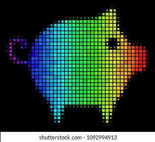Pixelated impressive halftone piggy icon in rainbow color tints with horizontal gradient on a black background. Colorful vector composition of piggy symbol organized with rectangle points.