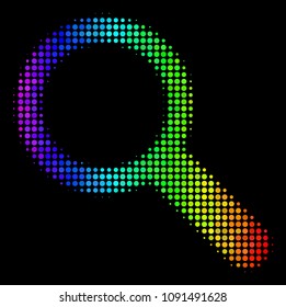 Pixelated impressive halftone search icon in rainbow color tinges with horizontal gradient on a black background. Multicolored vector composition of search pictogram created with spheric particles.
