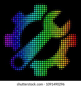 Pixelated impressive halftone service tools icon in rainbow color tints with horizontal gradient on a black background. Colorful vector composition of service tools symbol made from round particles.