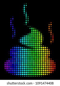 Pixelated impressive halftone shit smell icon drawn with spectral color shades with horizontal gradient on a black background.