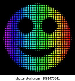 Pixelated impressive halftone smile icon drawn with spectral color tints with horizontal gradient on a black background. Multicolored vector pattern of smile symbol made from spheric points.