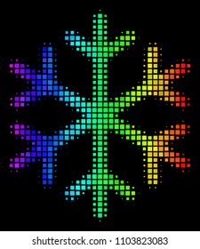 Pixelated impressive halftone snowflake icon in spectrum color tones with horizontal gradient on a black background. Color vector mosaic of snowflake illustration combined from rectangular cells.