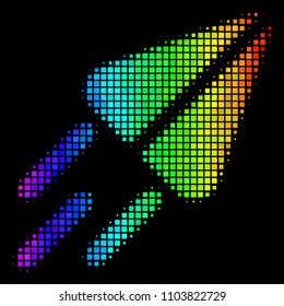 Pixelated impressive halftone space ship icon using spectrum color tinges with horizontal gradient on a black background. Color vector concept of space ship illustration combined of rectangle cells.